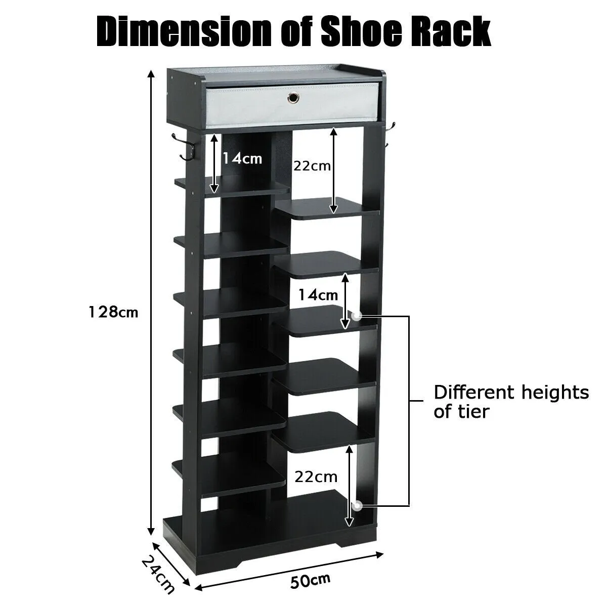 7 6 Tier Wooden Shoe Rack with Drawer and Hooks-Black