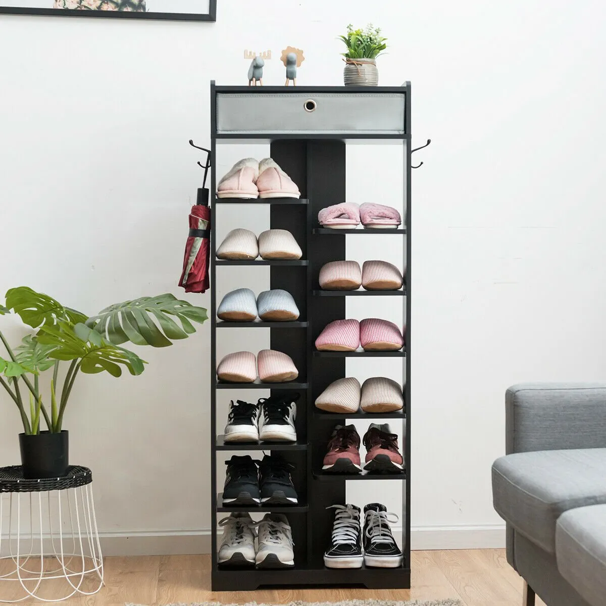 7 6 Tier Wooden Shoe Rack with Drawer and Hooks-Black