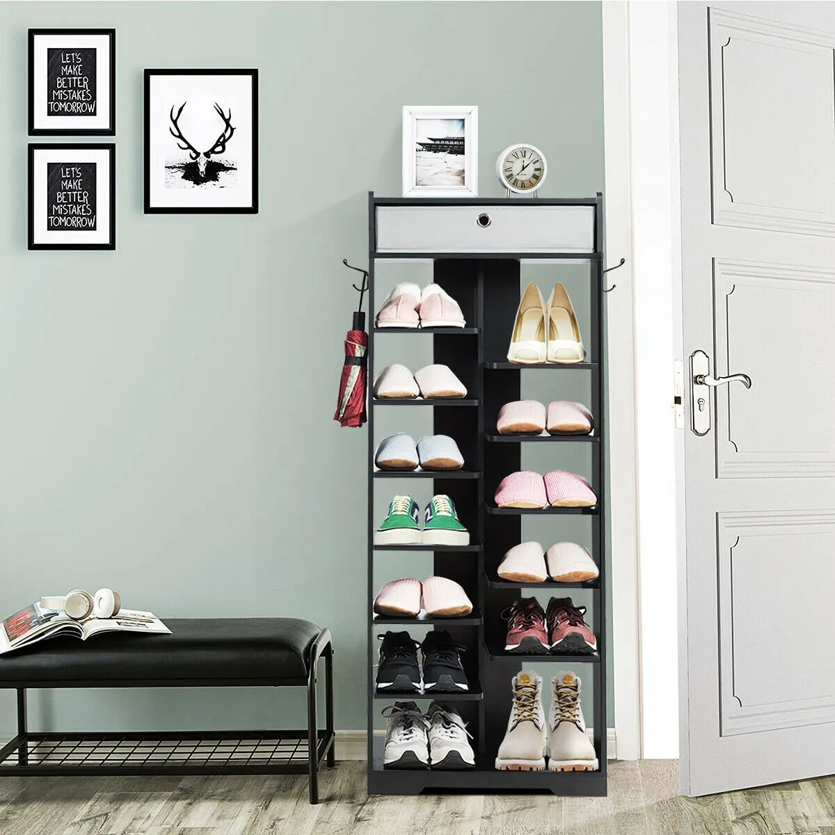 7 6 Tier Wooden Shoe Rack with Drawer and Hooks-Black