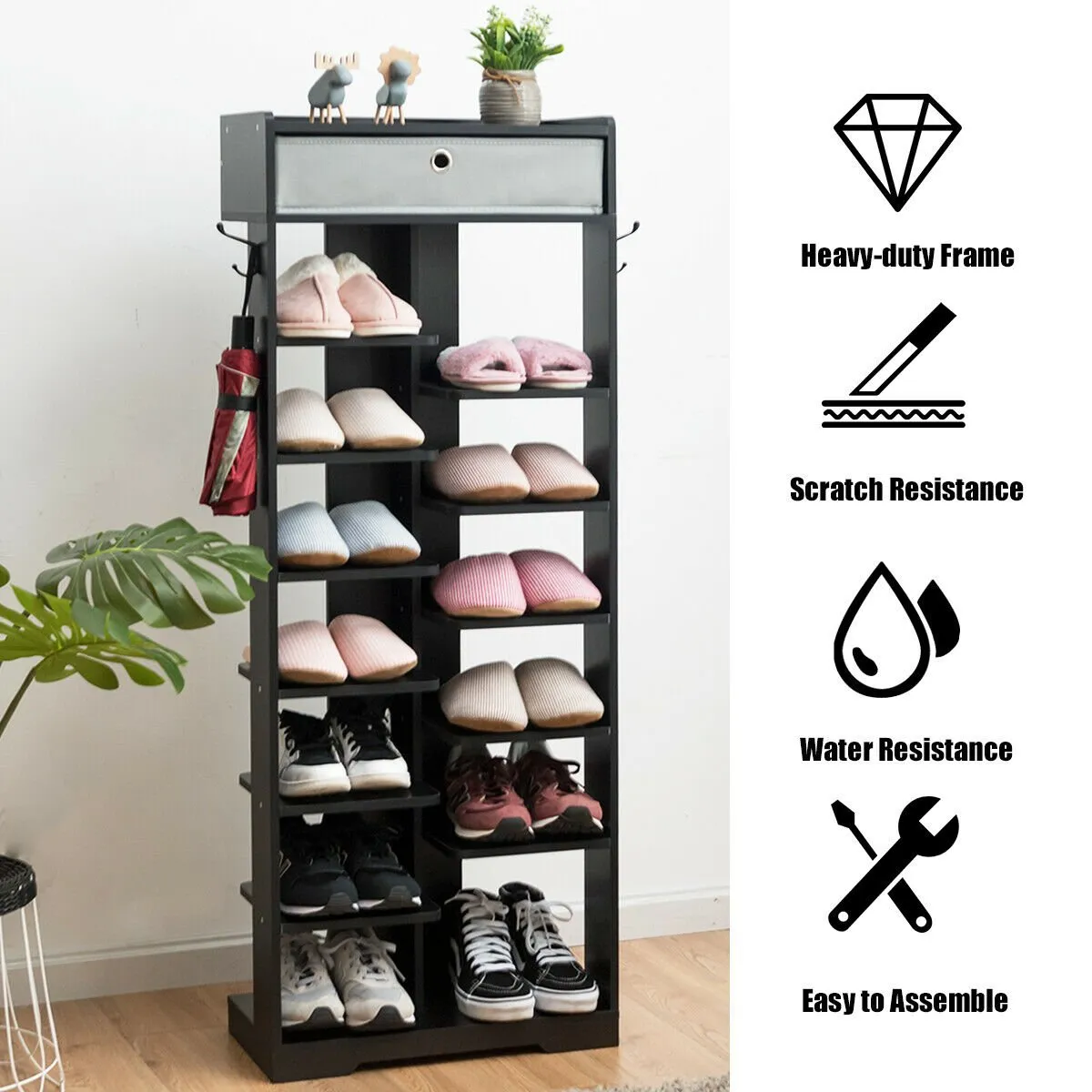 7 6 Tier Wooden Shoe Rack with Drawer and Hooks-Black