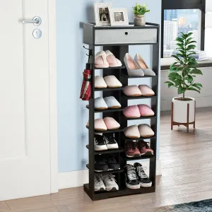 7 6 Tier Wooden Shoe Rack with Drawer and Hooks-Black