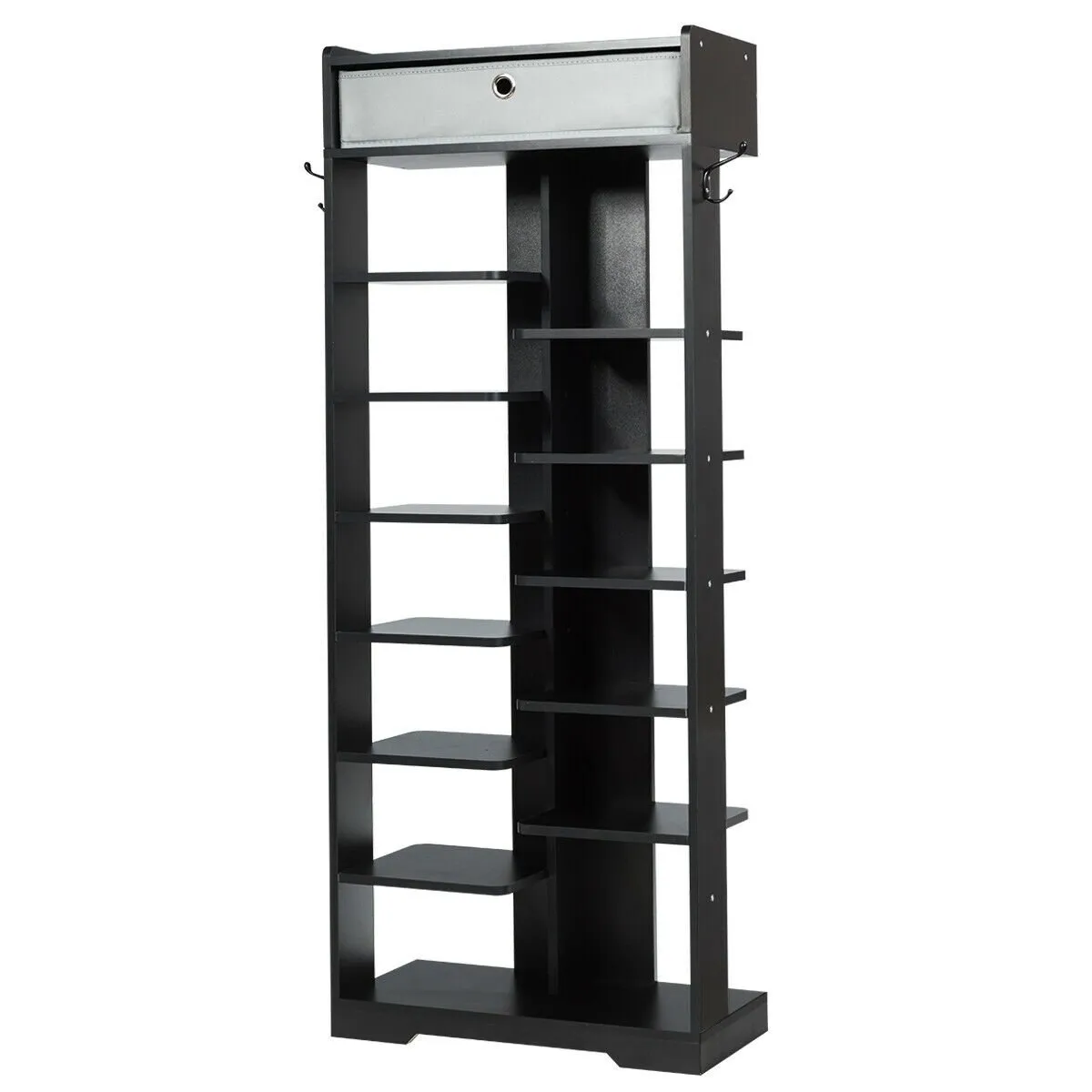 7 6 Tier Wooden Shoe Rack with Drawer and Hooks-Black