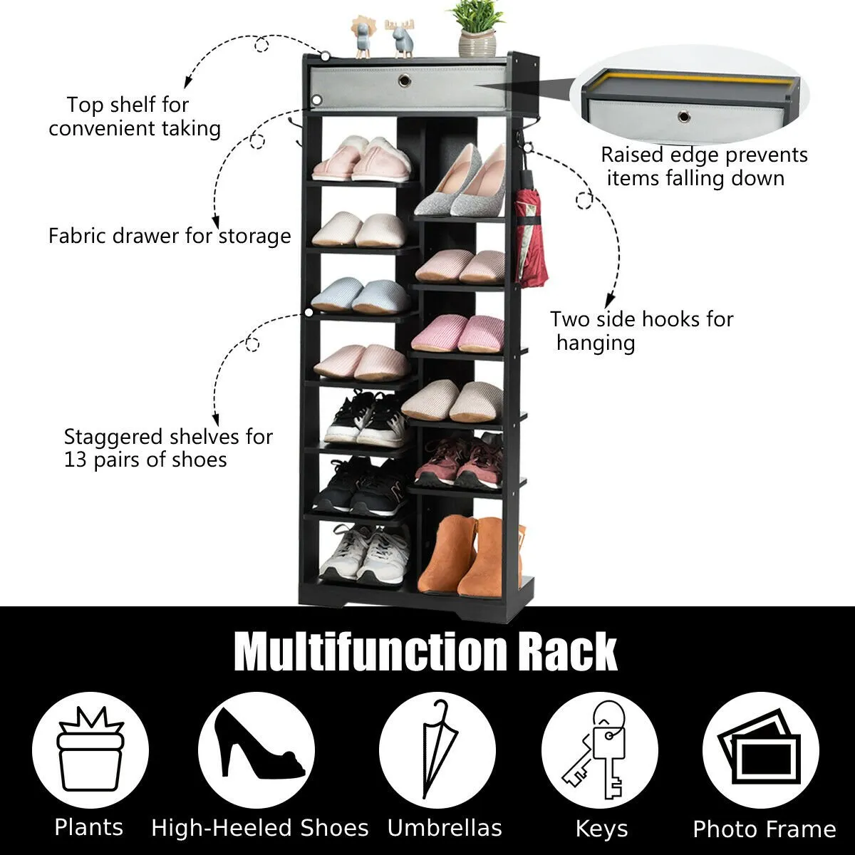 7 6 Tier Wooden Shoe Rack with Drawer and Hooks-Black