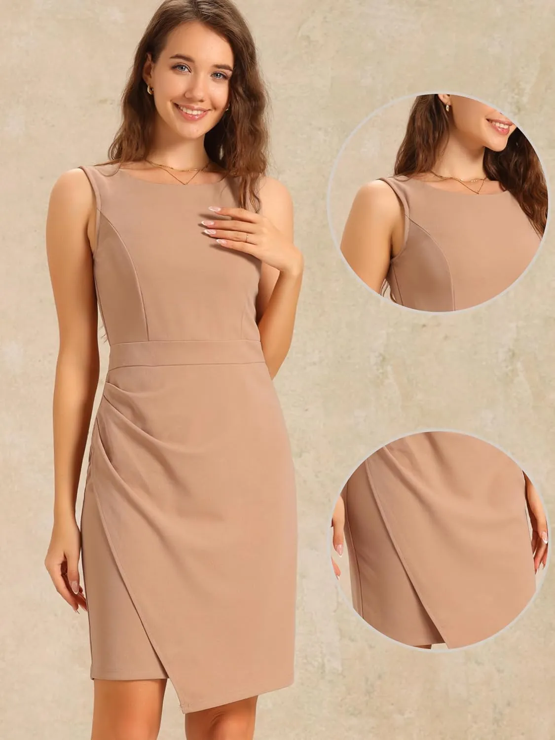Allegra K Business Casual Dress for Women's Boat Neck Sleeveless Ruched Office Summer Pencil Dresses