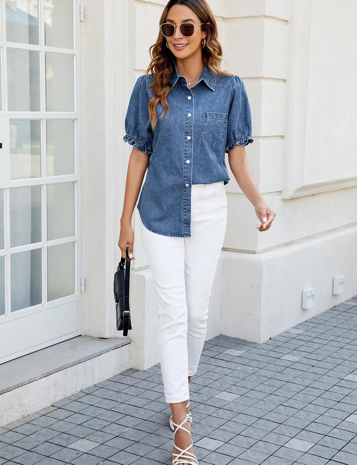 BMJL Womens Denim Shirt Business Casual Button Down Work Blouses Puff Sleeve Summer Tops