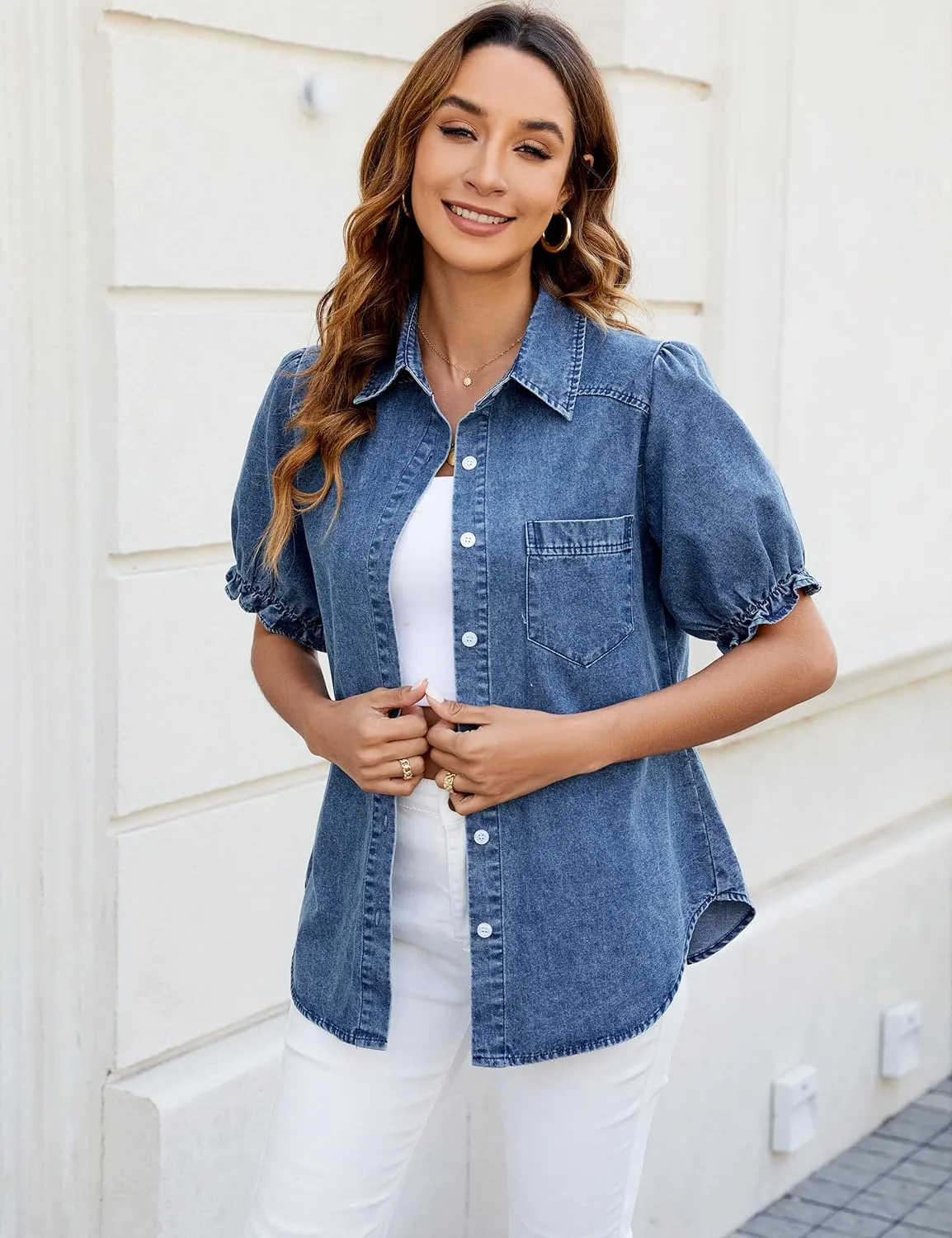 BMJL Womens Denim Shirt Business Casual Button Down Work Blouses Puff Sleeve Summer Tops