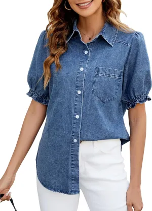 BMJL Womens Denim Shirt Business Casual Button Down Work Blouses Puff Sleeve Summer Tops