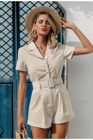 Casual Style Button Short-sleeved One-piece Suit With Collar And Belt Short Jumpsuit