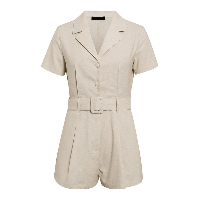 Casual Style Button Short-sleeved One-piece Suit With Collar And Belt Short Jumpsuit