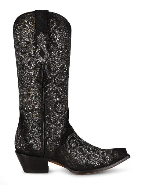 Corral Women's 13" Black Overlay & Embroidery Snip Toe Western Boot