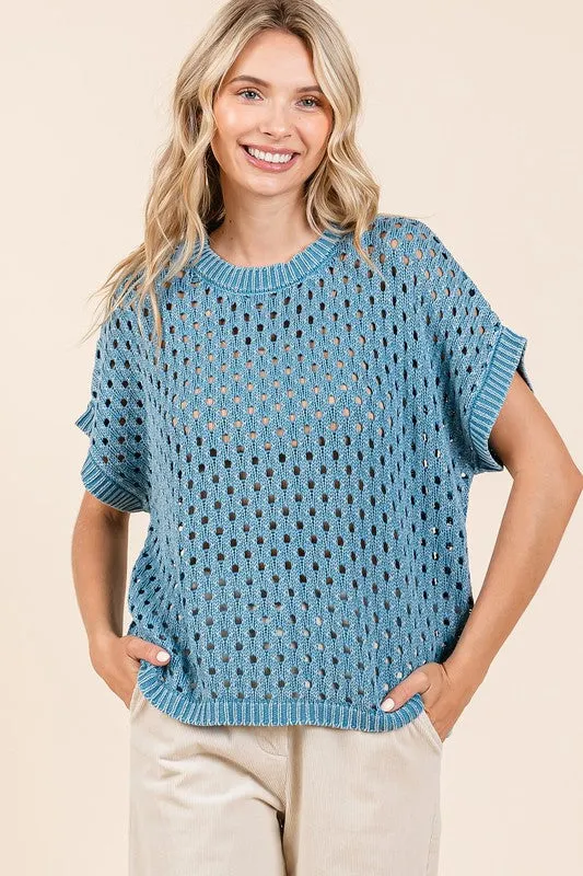 Easy Breezy Cerulean Short Sleeve Knit Top