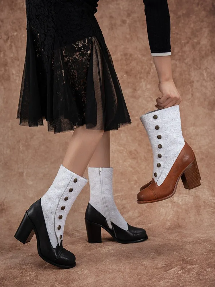 Handmade Vintage Lace & Leather Victorian Boots - Floral Patterned Goat Leather
