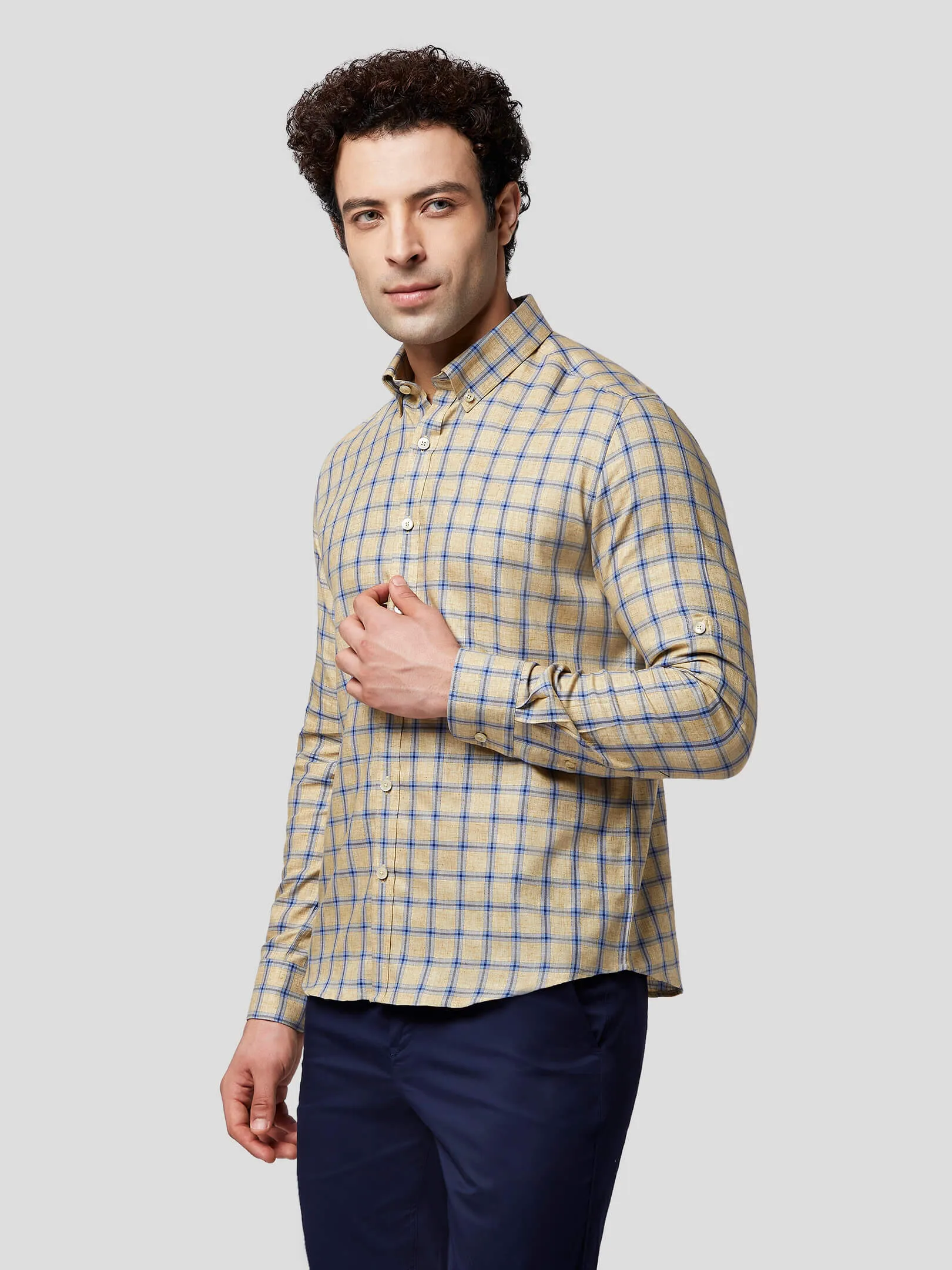 Indulge Beige-Blue Check Shirt