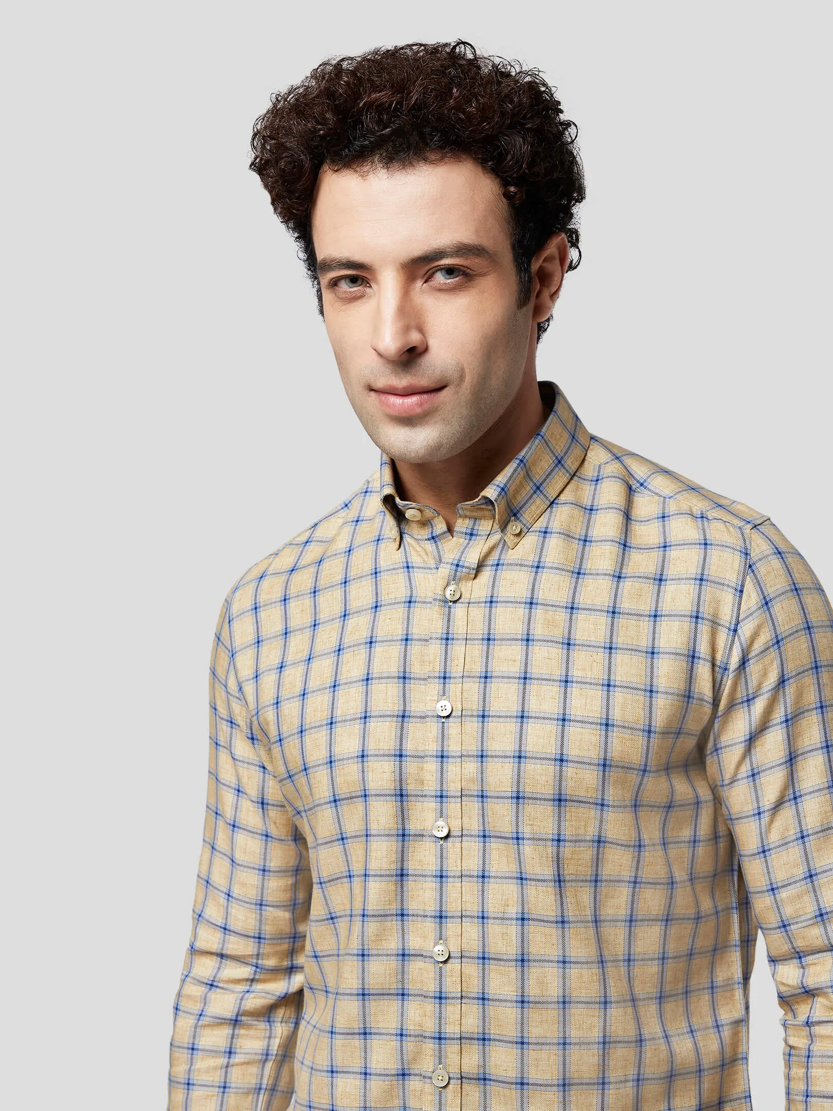 Indulge Beige-Blue Check Shirt