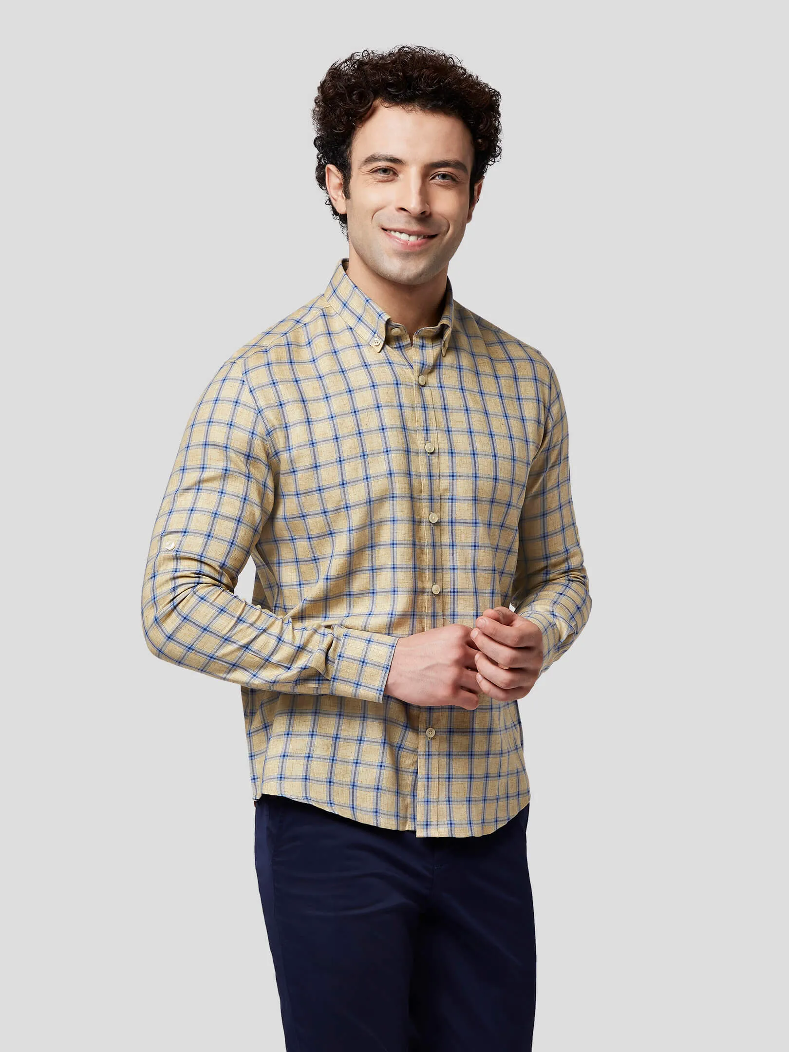 Indulge Beige-Blue Check Shirt