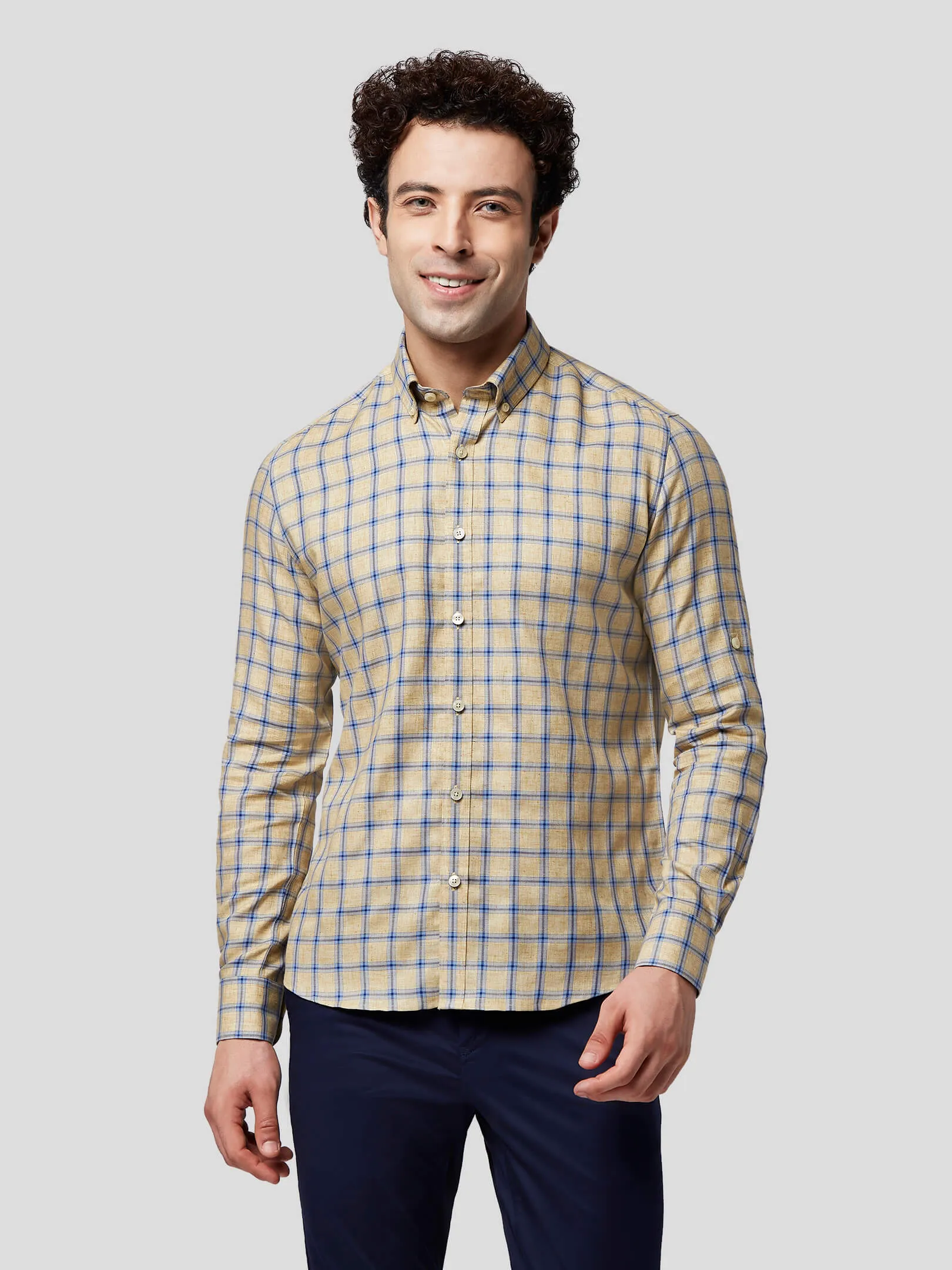 Indulge Beige-Blue Check Shirt