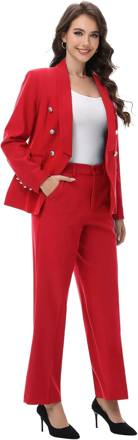 Lamgool Womens Suits 2 Piece Set Shawl Lapel Jacket and Pants Business Casual Outfits