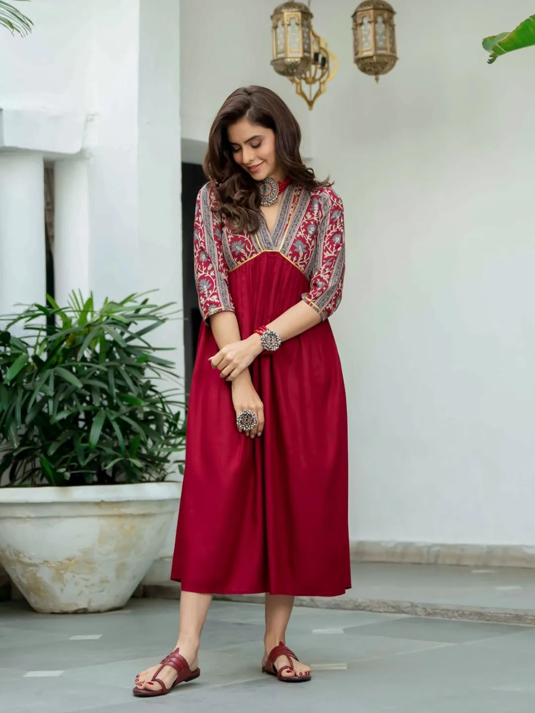 Maroon V Neck Gathered Dress