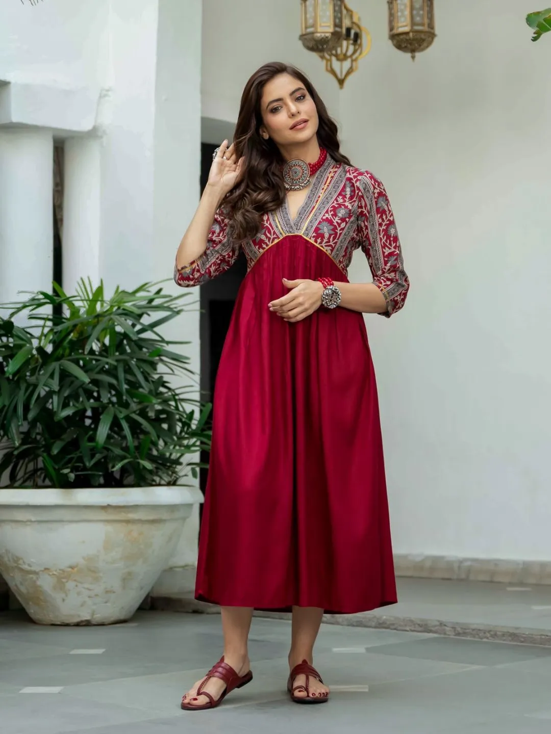 Maroon V Neck Gathered Dress