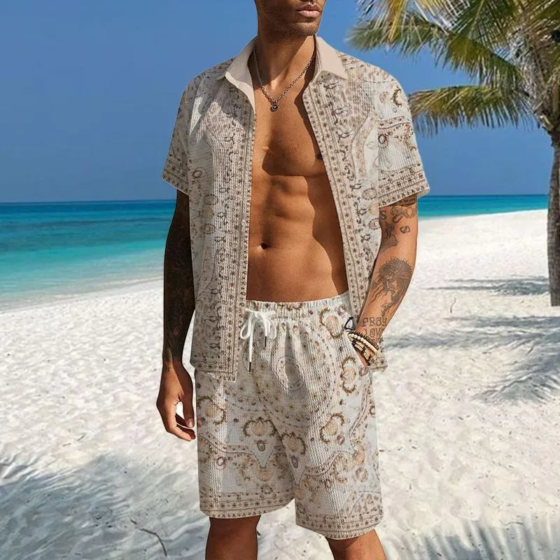 Men's Casual Waffle Print Shirt Resort Set 66182583YM