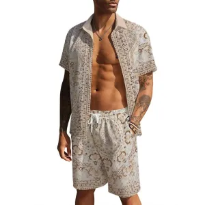 Men's Casual Waffle Print Shirt Resort Set 66182583YM