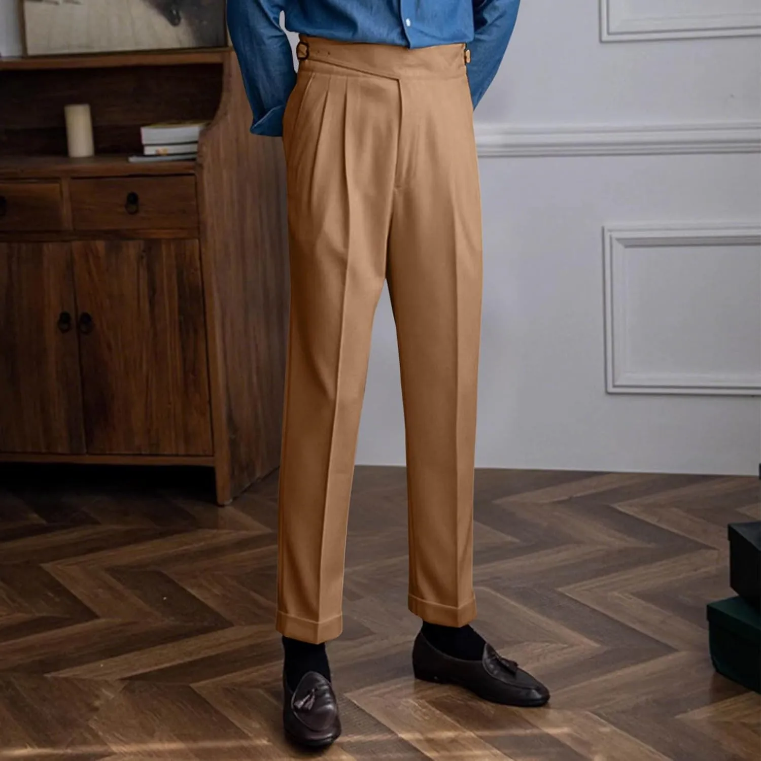 Men's High Waist Dress Pants Business Casual Slim Fit Bottoms Pleated Tailored Trousers Officewear Style