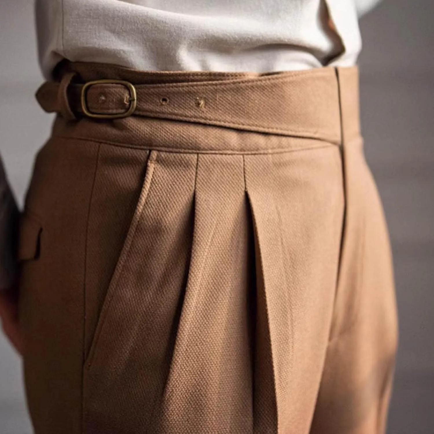 Men's High Waist Dress Pants Business Casual Slim Fit Bottoms Pleated Tailored Trousers Officewear Style