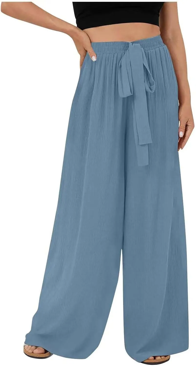 NATHGAM Cotton Linen Pants for Women Baggy Wide Leg Pants Casual Dressy Plus Size Trousers Summer High Waisted Tie Yoga Pants