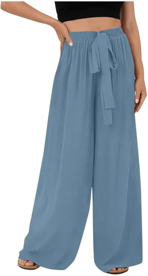 NATHGAM Cotton Linen Pants for Women Baggy Wide Leg Pants Casual Dressy Plus Size Trousers Summer High Waisted Tie Yoga Pants