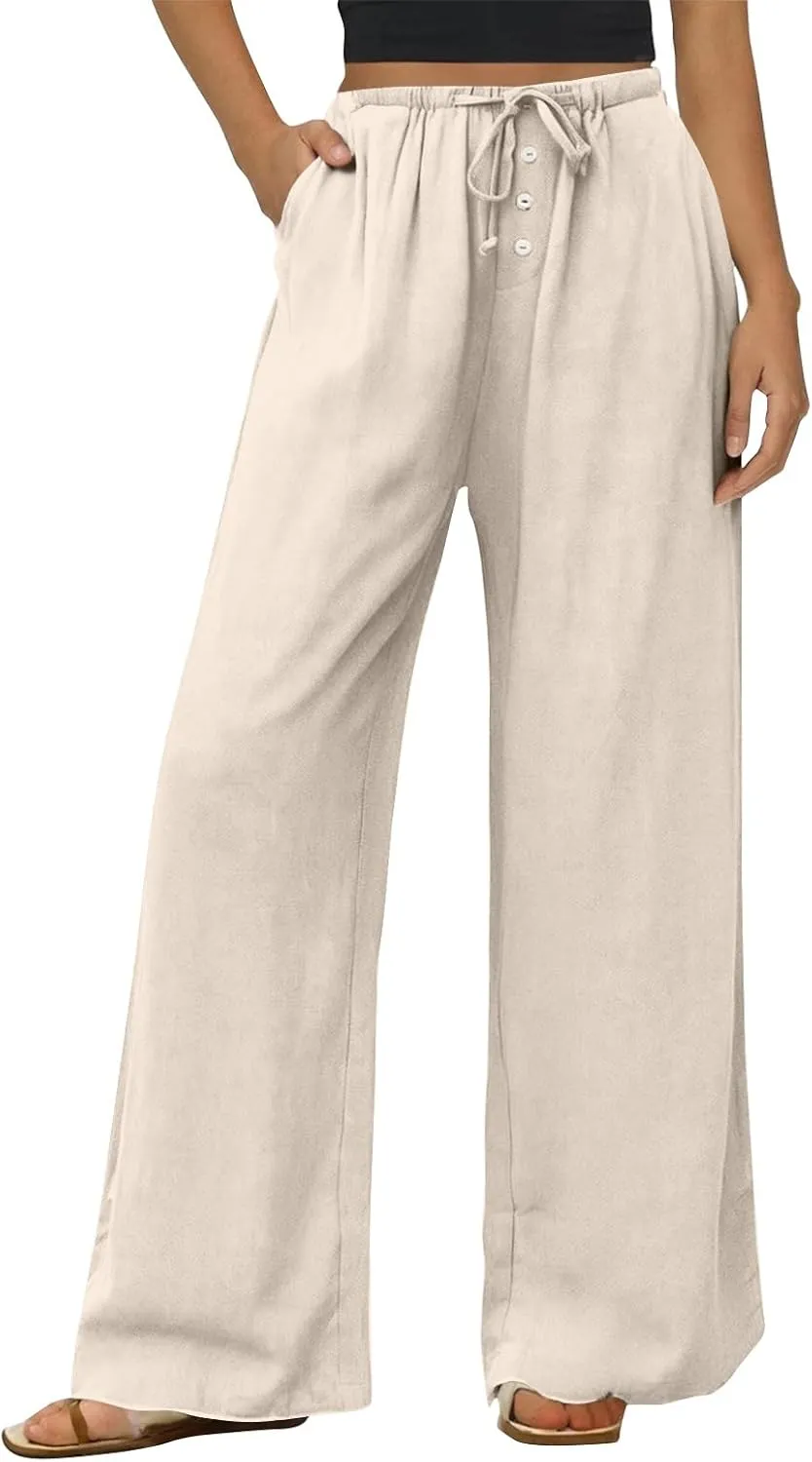 Palazzo Pants for Women Dressy Linen High Waisted Summer Loose Pants Drawstring Button Down Pocket Solid Baggy Trouser
