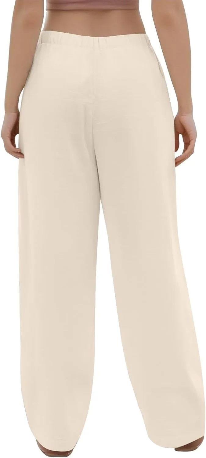 Palazzo Pants for Women Dressy Linen High Waisted Summer Loose Pants Drawstring Button Down Pocket Solid Baggy Trouser
