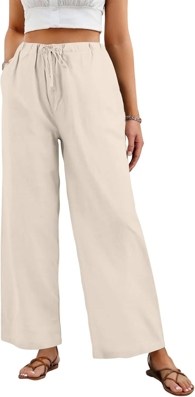 Palazzo Pants for Women Dressy Linen High Waisted Summer Loose Pants Drawstring Button Down Pocket Solid Baggy Trouser