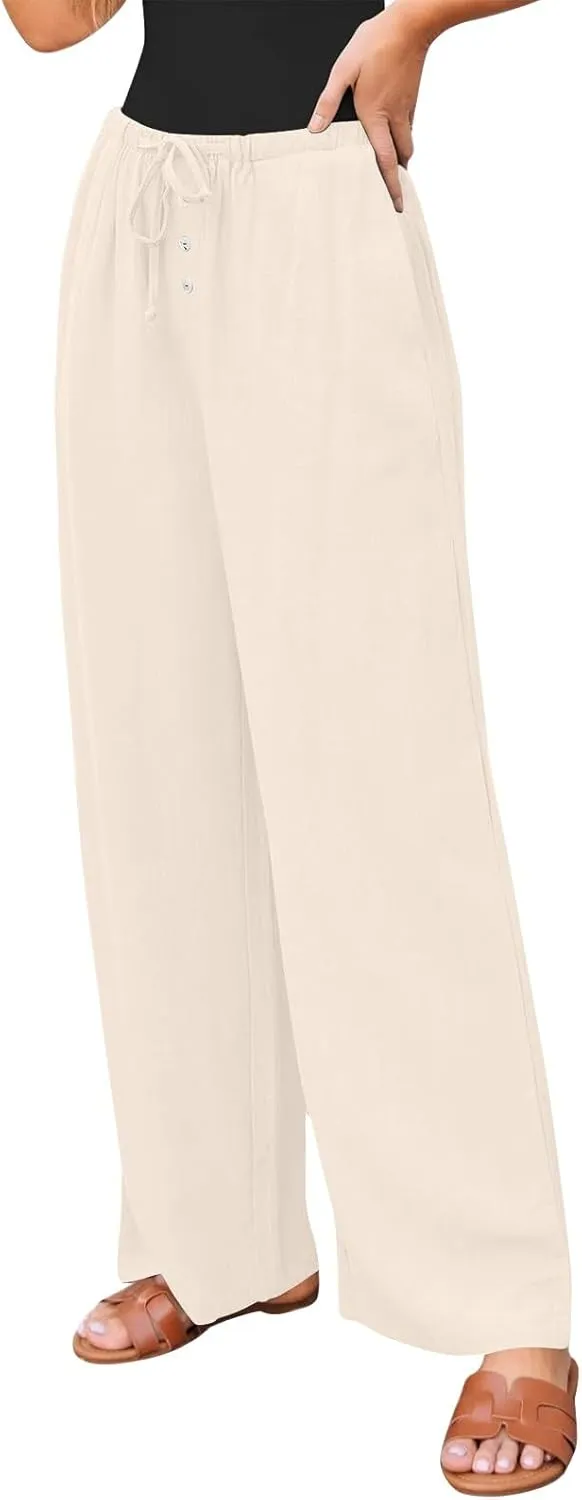 Palazzo Pants for Women Dressy Linen High Waisted Summer Loose Pants Drawstring Button Down Pocket Solid Baggy Trouser