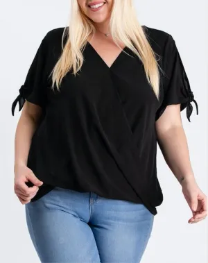 Plus Size Black Surplice Tie Sleeve Top