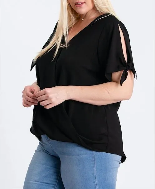 Plus Size Black Surplice Tie Sleeve Top
