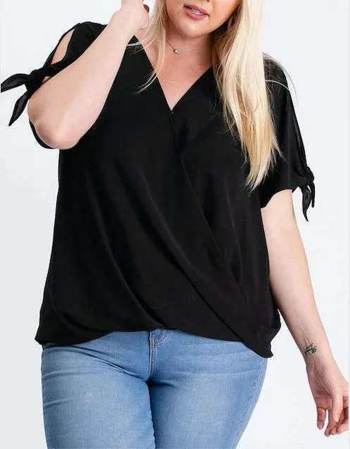 Plus Size Black Surplice Tie Sleeve Top