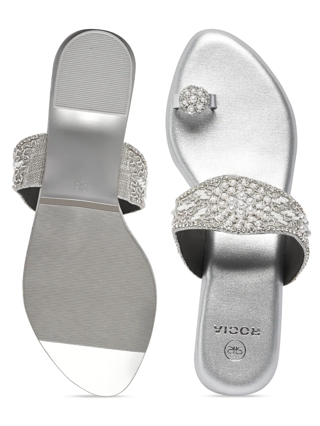 Rocia By Regal Silver Women One Toe Embroidered Sandals
