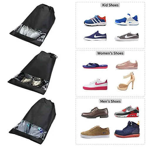 Shoe bags for Travel Storage Dust-Proof Drawstring with Window 18 pcs (Black)