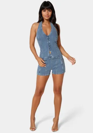 Side Pocket Stitch Detailed Denim Shorts