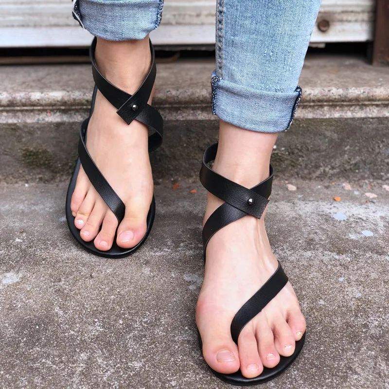 Simple Thong Ankle Wrap Women Flat Beach Sandals