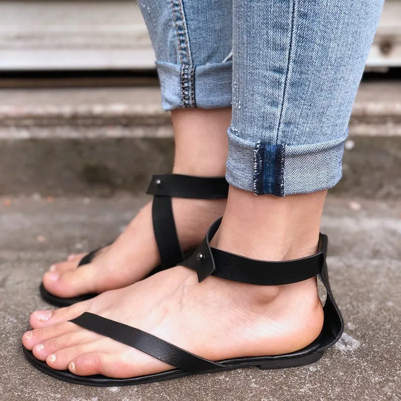 Simple Thong Ankle Wrap Women Flat Beach Sandals