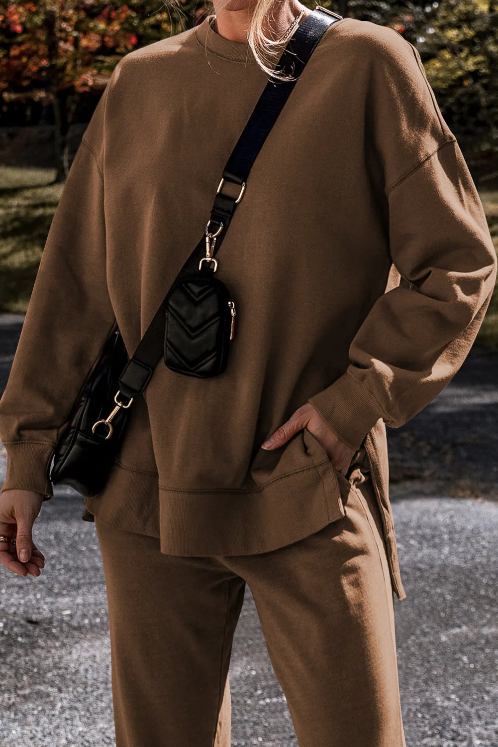Solid Color High Low Pullover and Pants Set (online only)