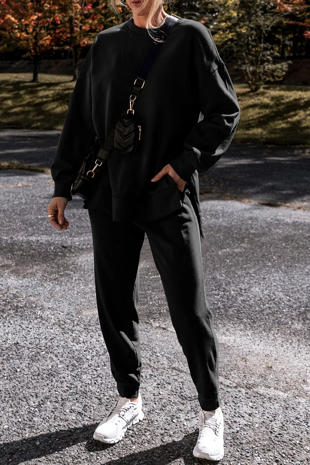 Solid Color High Low Pullover and Pants Set (online only)