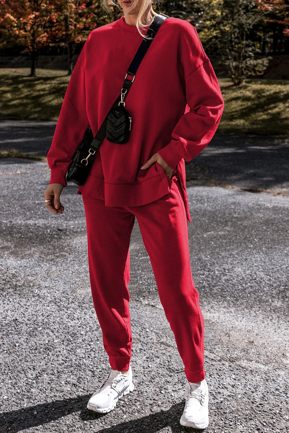 Solid Color High Low Pullover and Pants Set (online only)