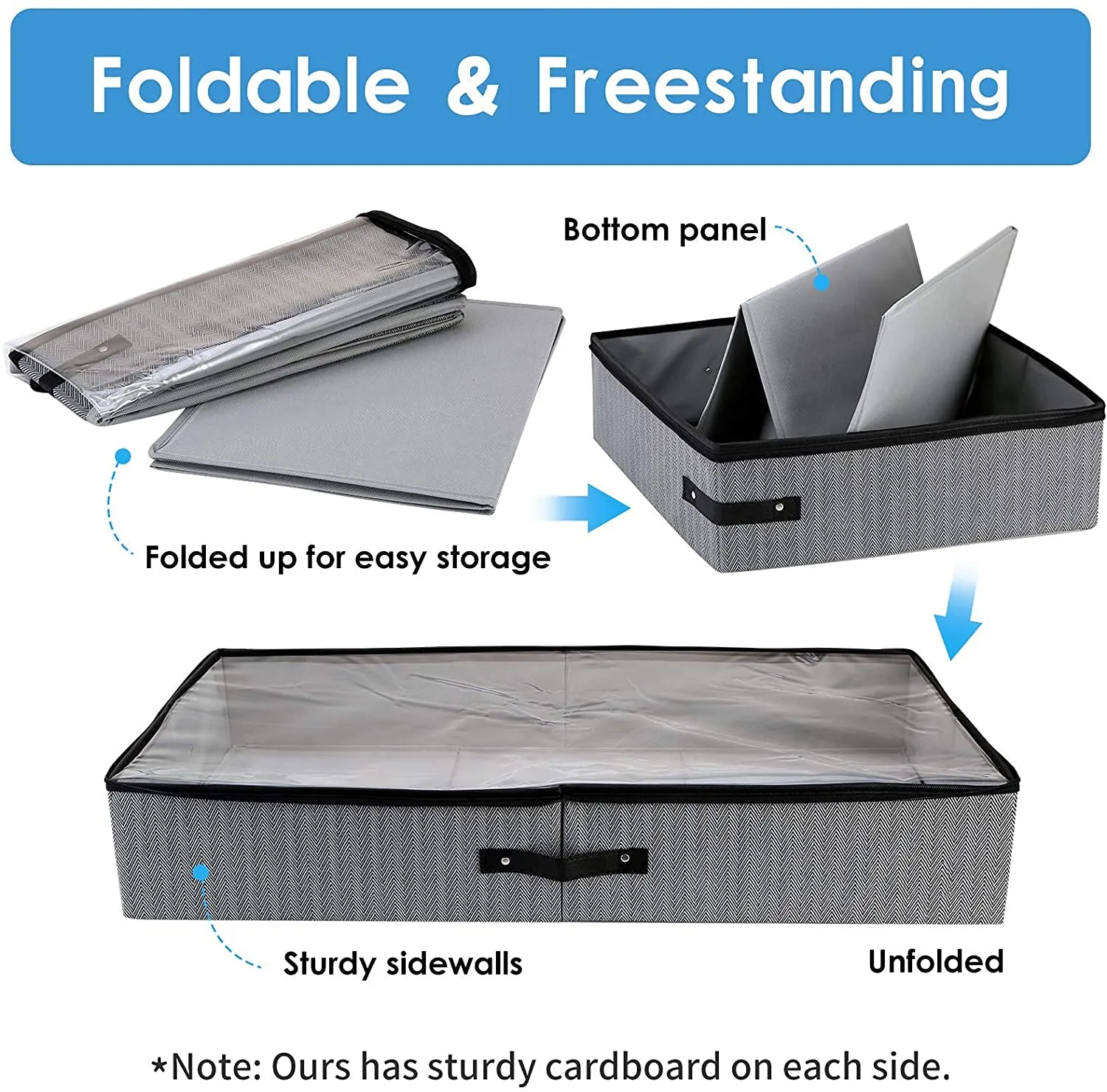 Under Bed Storage Bins Containers Large Foldable Shoe Storage Organizers with Clear Lid (2-Pack, 56L, Grey)