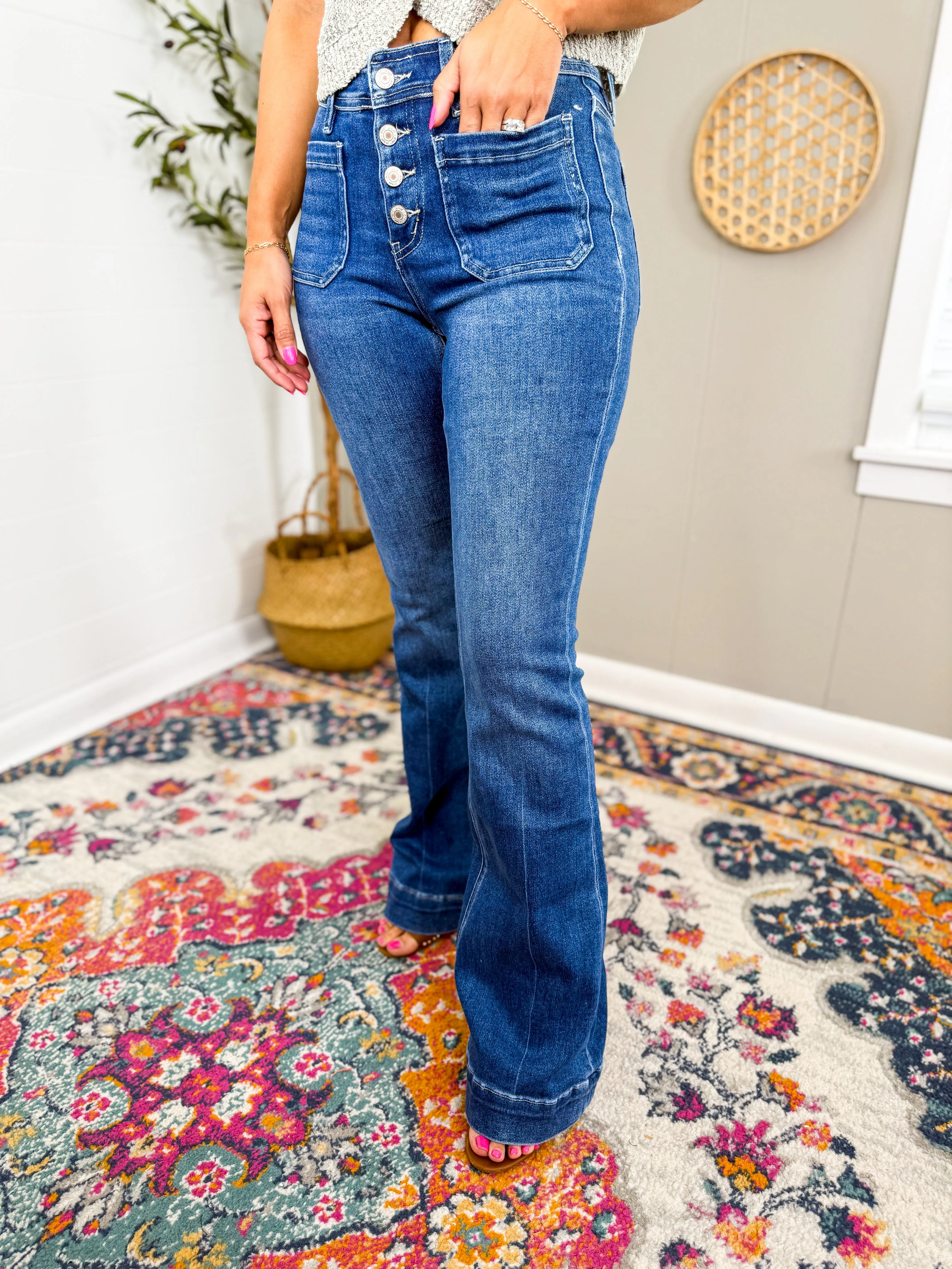 Vervet Mid Rise Flare Jean With Trouser Hem