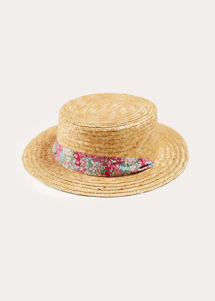 Viola Floral Bow Detail Boater Hat in Pink (S-M)