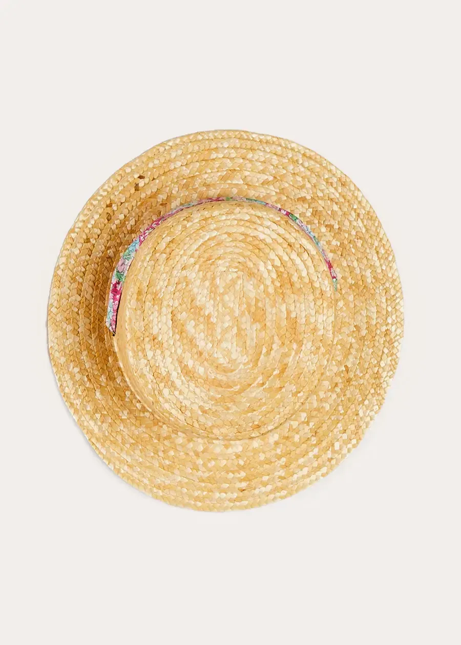 Viola Floral Bow Detail Boater Hat in Pink (S-M)