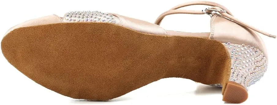 Women Ballroom Dance Shoes Satin Close Toe Rhinestone Salsa Tango Modern Latin Performance Dancing Shoes,Model YCL157-6cm Heel