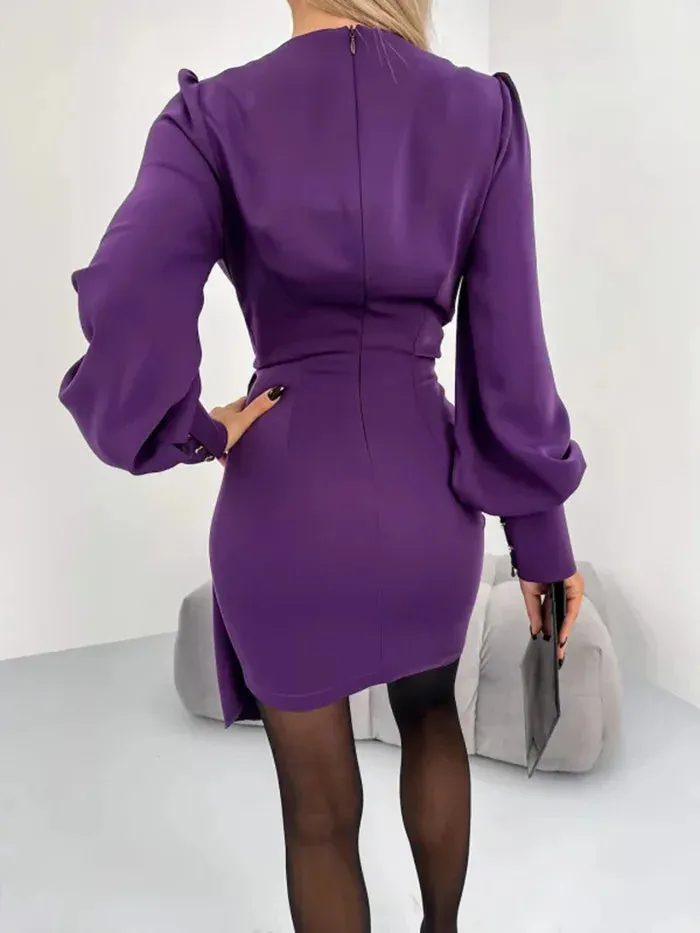 Women Casual Style Dress Women Belted Long Sleeve Wrap Mini Dress Elegant Dress,Knee Length Dress